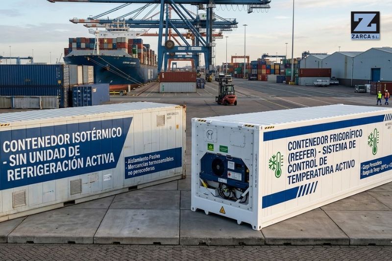 Genera una imagen real para: Contenedor maritimo isotérmico vs frigorífico
