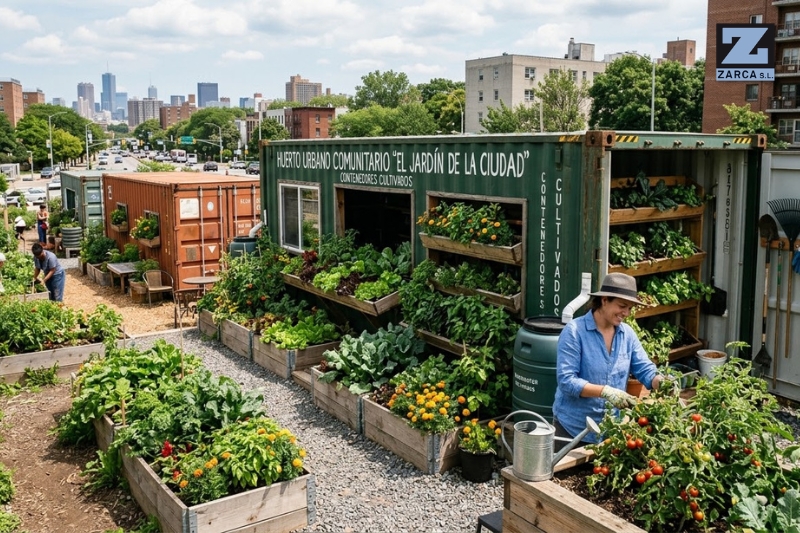 genera una imagen real para: contenedores marítimos para huertos urbanos